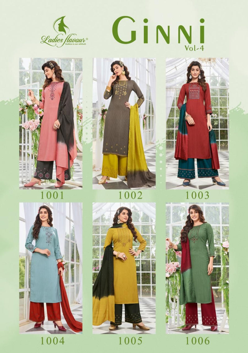 Ladies Flavour Ginni Vol 4 Viscose Embroidered Party Wear Kurtis With Bottom & Dupatta