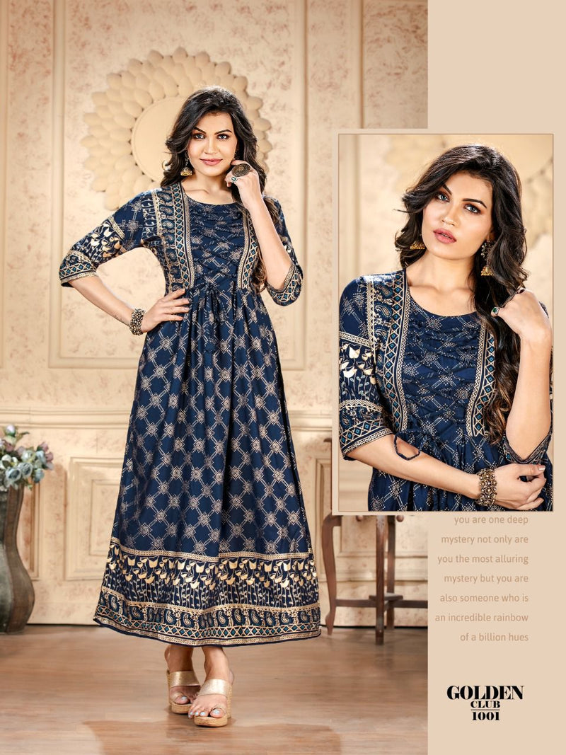 MF Golden Club Vol 1 Rayon Foil Printed Designer Gown Style Party Wear Long Kurtis
