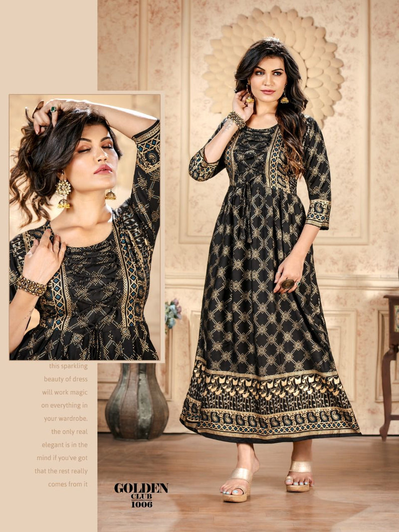 MF Golden Club Vol 1 Rayon Foil Printed Designer Gown Style Party Wear Long Kurtis