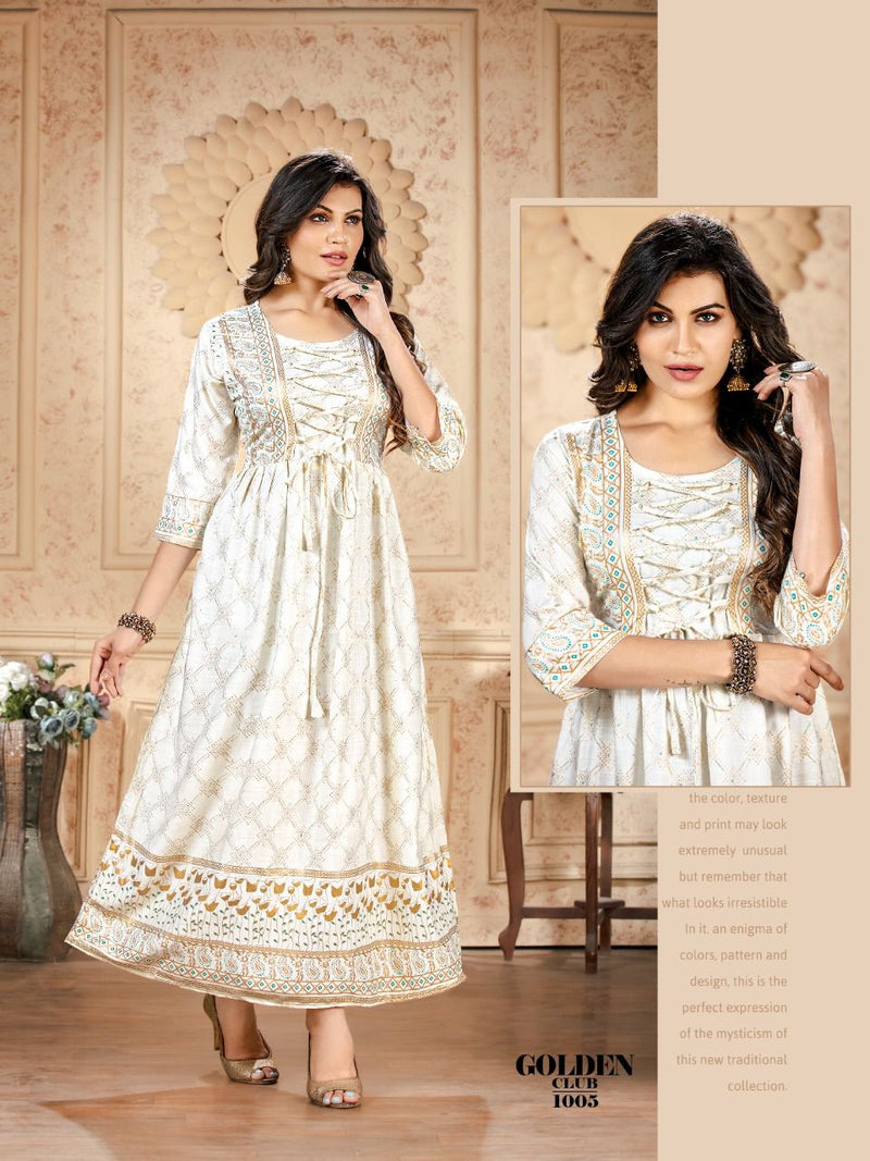 MF Golden Club Vol 1 Rayon Foil Printed Designer Gown Style Party Wear Long Kurtis