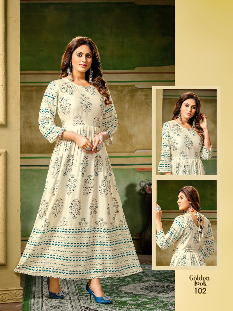 MF Golden Look Rayon Foil Printed Fancy Gown Style Party Wear Kurtis