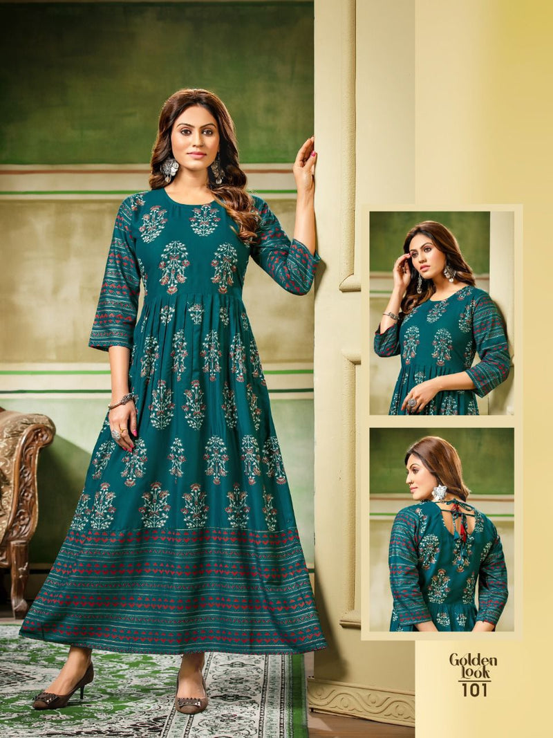 MF Golden Look Rayon Foil Printed Fancy Gown Style Party Wear Kurtis