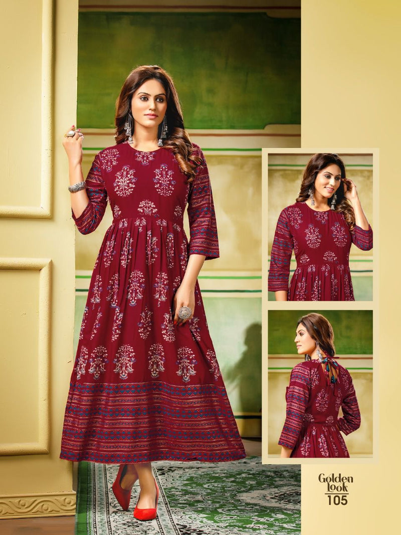 MF Golden Look Rayon Foil Printed Fancy Gown Style Party Wear Kurtis
