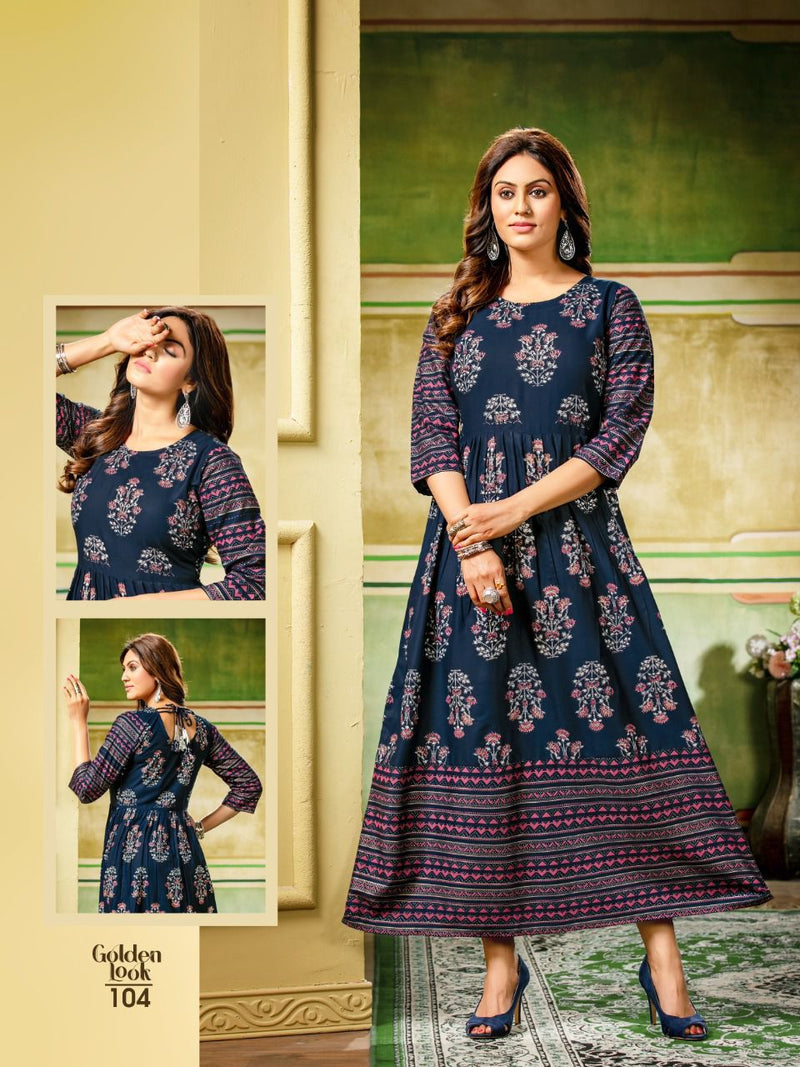 MF Golden Look Rayon Foil Printed Fancy Gown Style Party Wear Kurtis