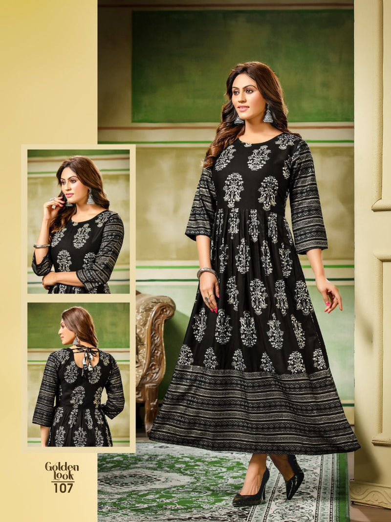 MF Golden Look Rayon Foil Printed Fancy Gown Style Party Wear Kurtis