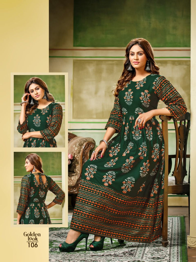 MF Golden Look Rayon Foil Printed Fancy Gown Style Party Wear Kurtis