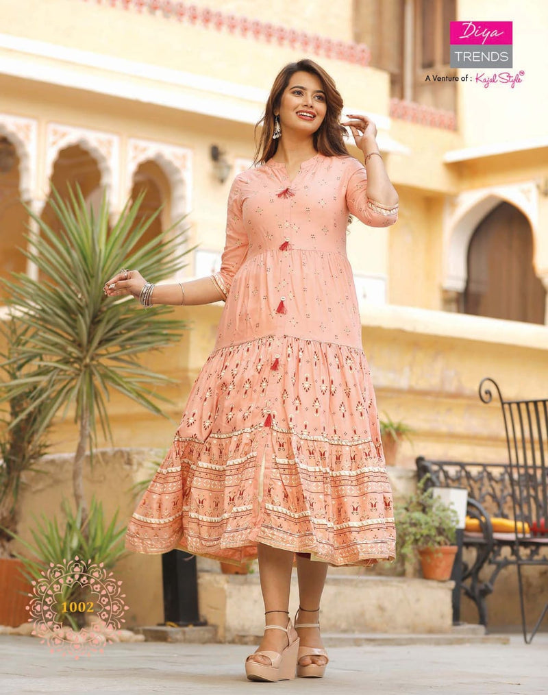 Diya Trends Groom Vol 1 Rayon Fancy Kurti Gowns With Tyre Patterns & Embroidery Work