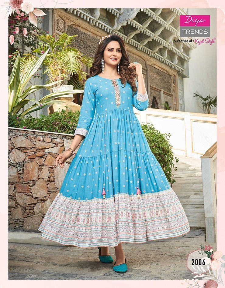 Diya Trends Groom Vol 2 Rayon Designer Long Gown Style Party Wear Kurtis