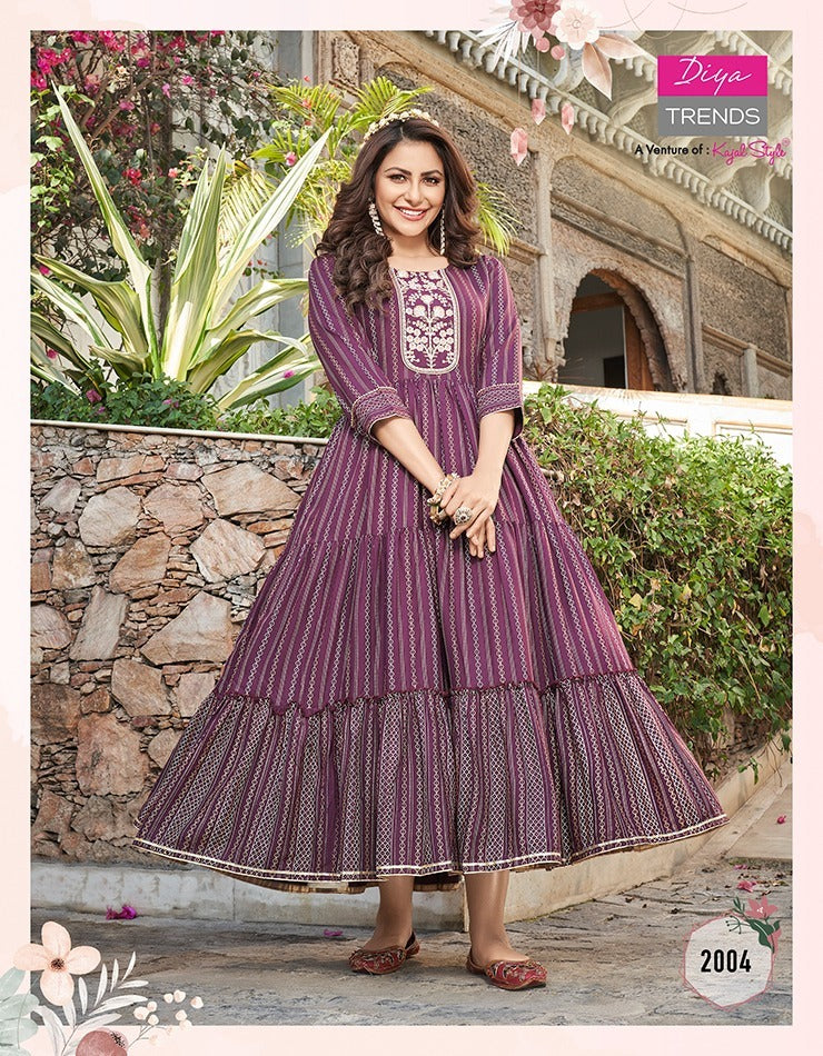 Diya Trends Groom Vol 2 Rayon Designer Long Gown Style Party Wear Kurtis