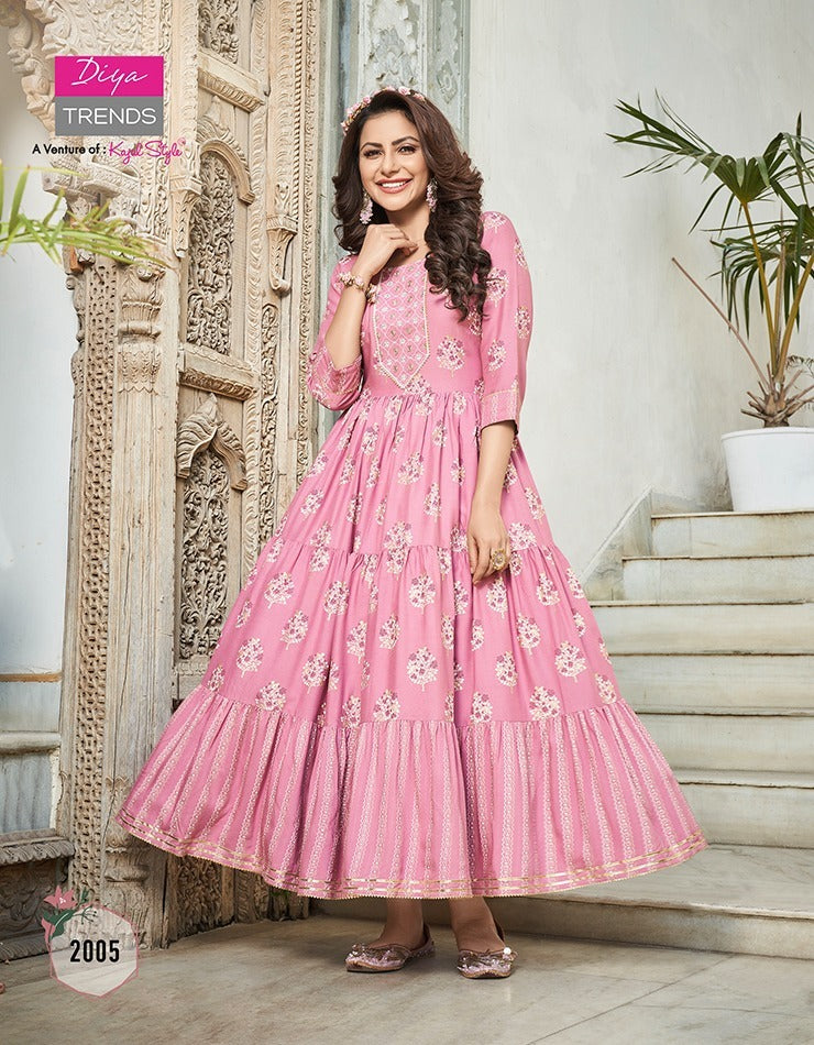 Diya Trends Groom Vol 2 Rayon Designer Long Gown Style Party Wear Kurtis