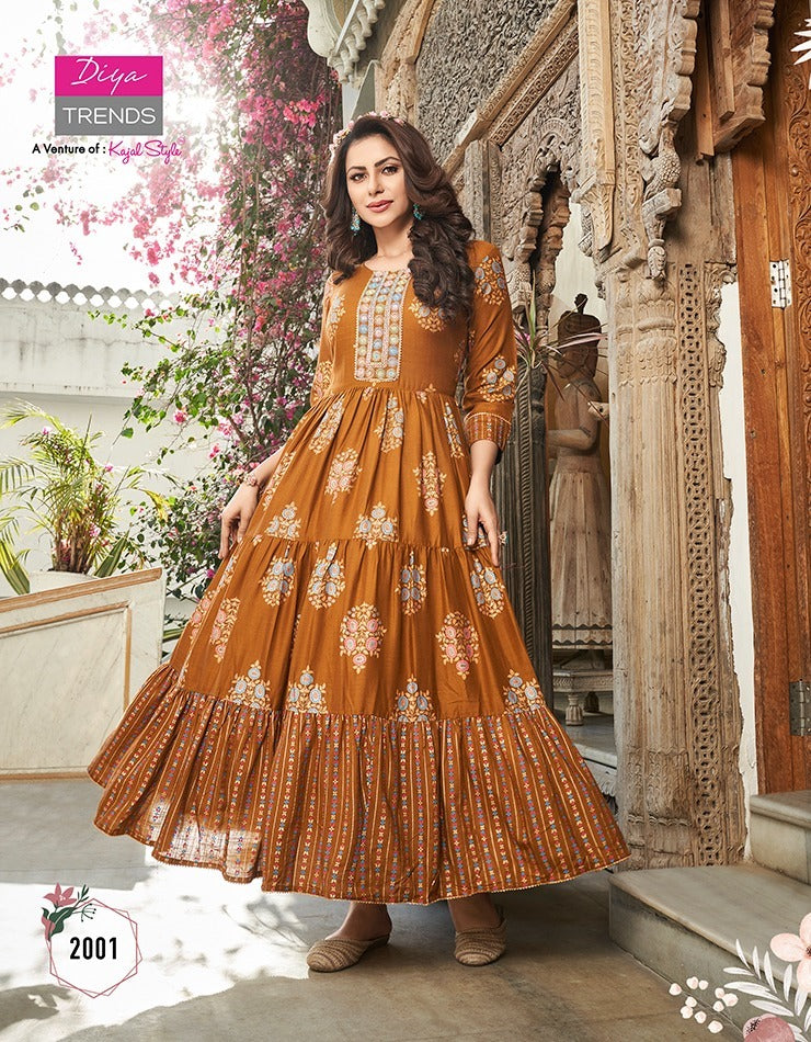 Diya Trends Groom Vol 2 Rayon Designer Long Gown Style Party Wear Kurtis