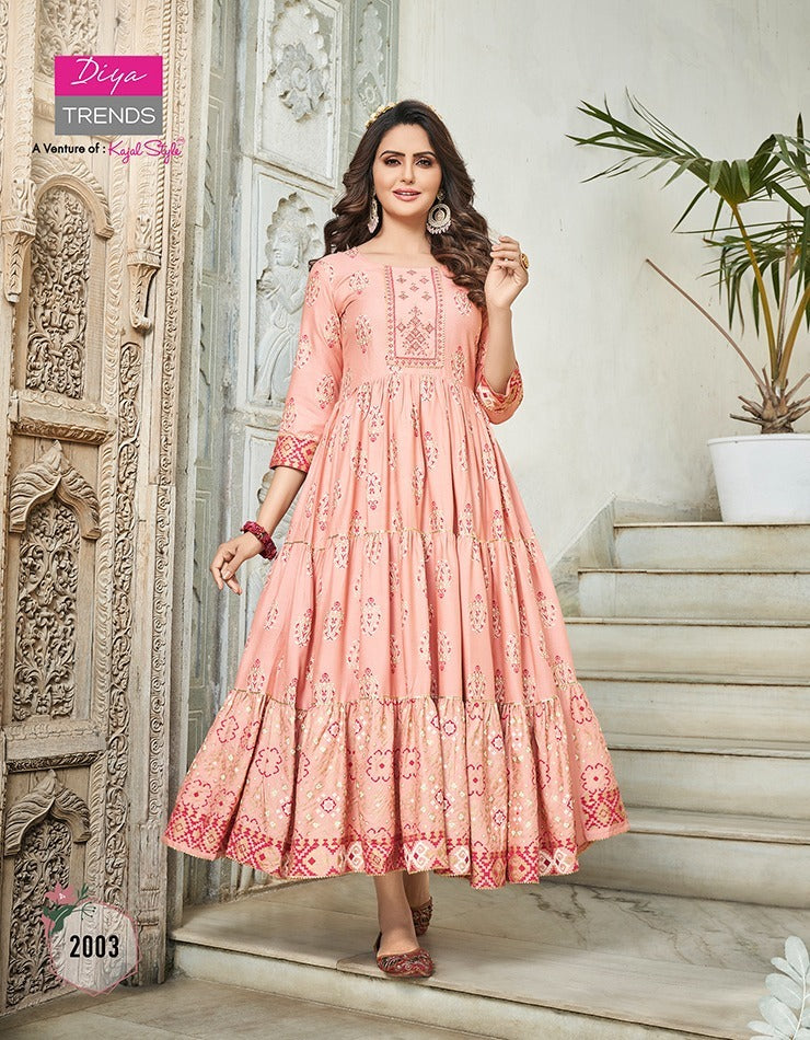 Diya Trends Groom Vol 2 Rayon Designer Long Gown Style Party Wear Kurtis