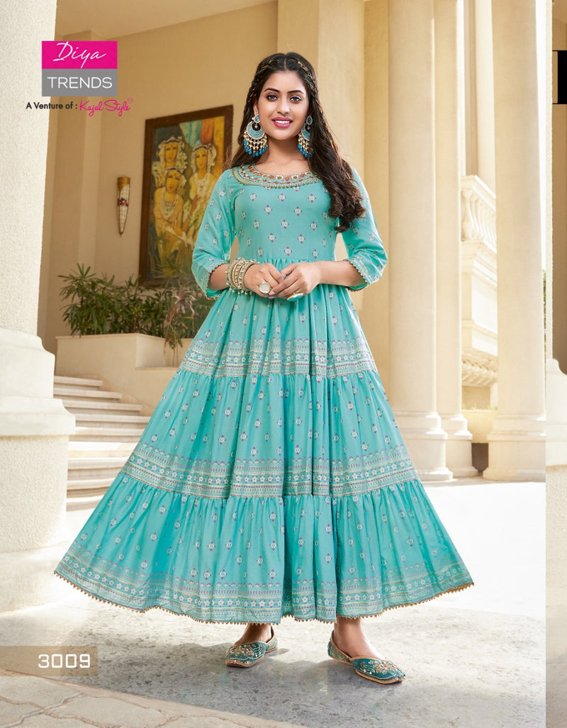 Diya Trends Groom Vol 3 Rayon With Gold Prints Designer Long Gown Style Party Wear Kurtis