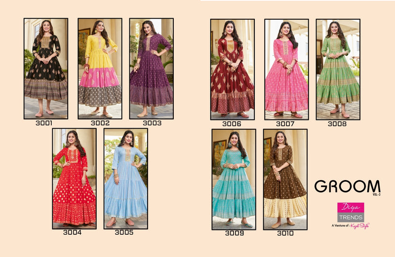Diya Trends Groom Vol 3 Rayon With Gold Prints Designer Long Gown Style Party Wear Kurtis