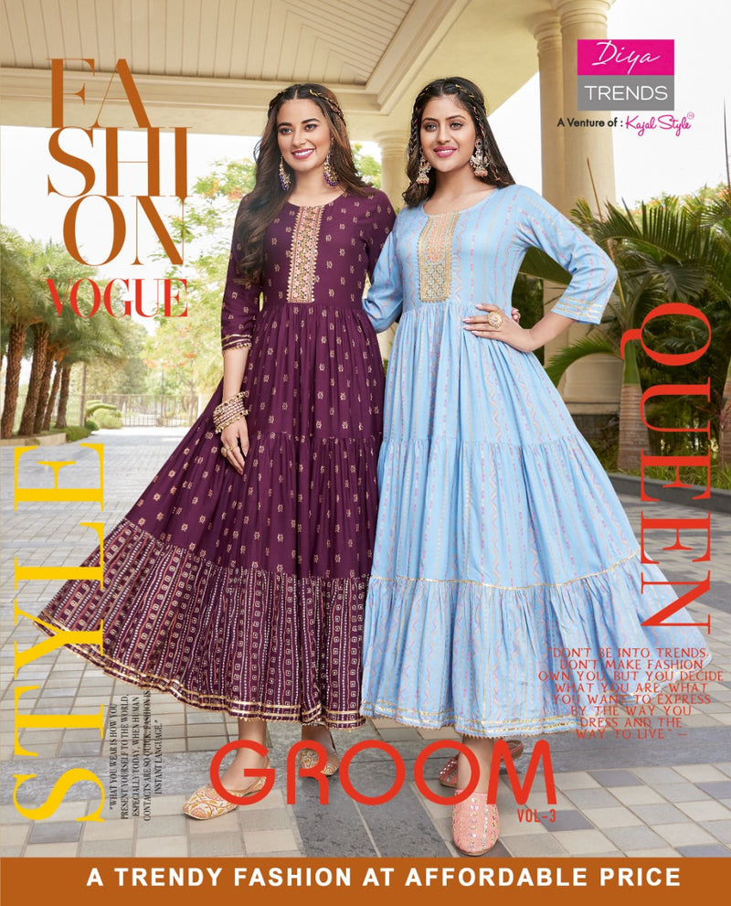Diya Trends Groom Vol 3 Rayon With Gold Prints Designer Long Gown Style Party Wear Kurtis