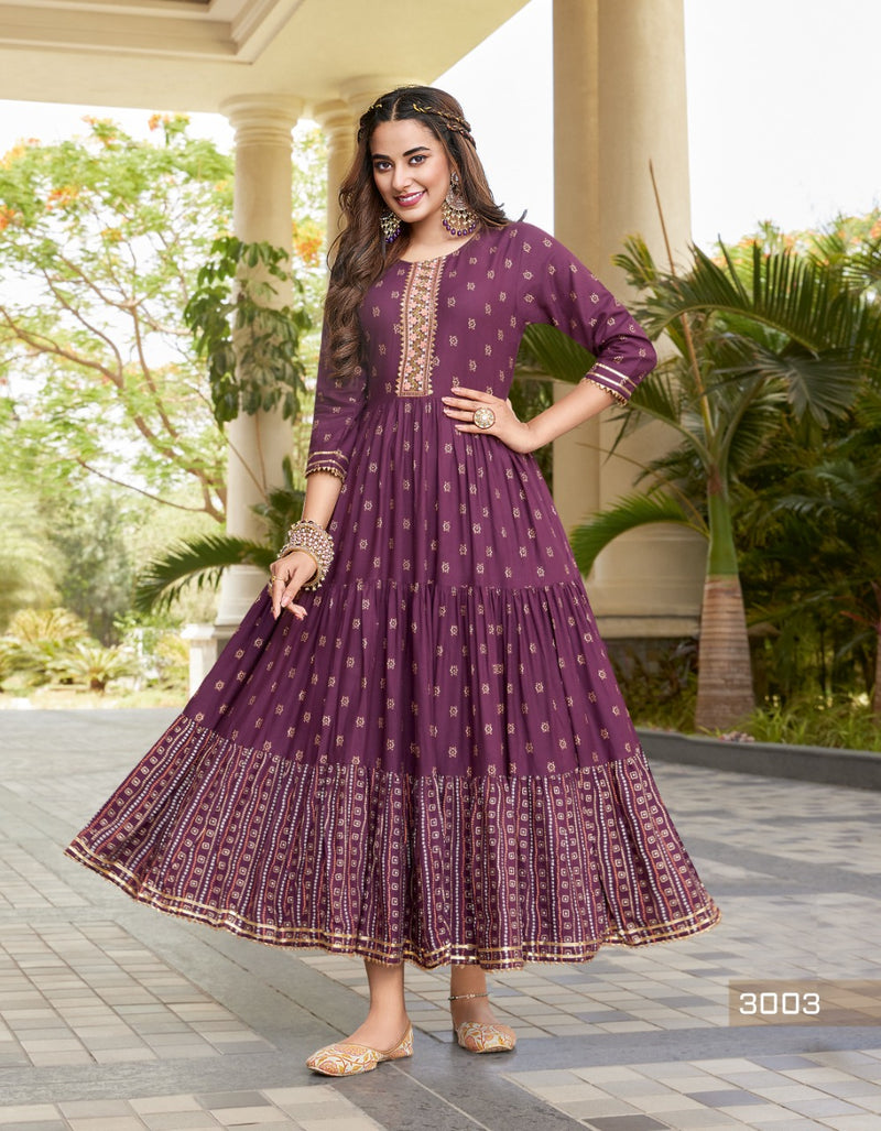 Diya Trends Groom Vol 3 Rayon With Gold Prints Designer Long Gown Style Party Wear Kurtis