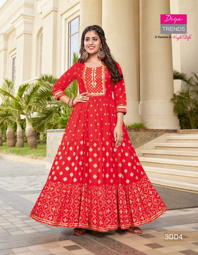 Diya Trends Groom Vol 3 Rayon With Gold Prints Designer Long Gown Style Party Wear Kurtis