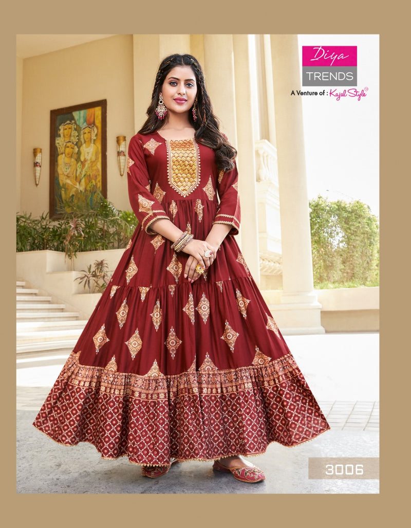 Diya Trends Groom Vol 3 Rayon With Gold Prints Designer Long Gown Style Party Wear Kurtis
