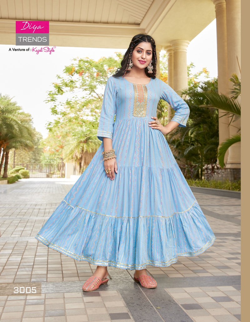 Diya Trends Groom Vol 3 Rayon With Gold Prints Designer Long Gown Style Party Wear Kurtis