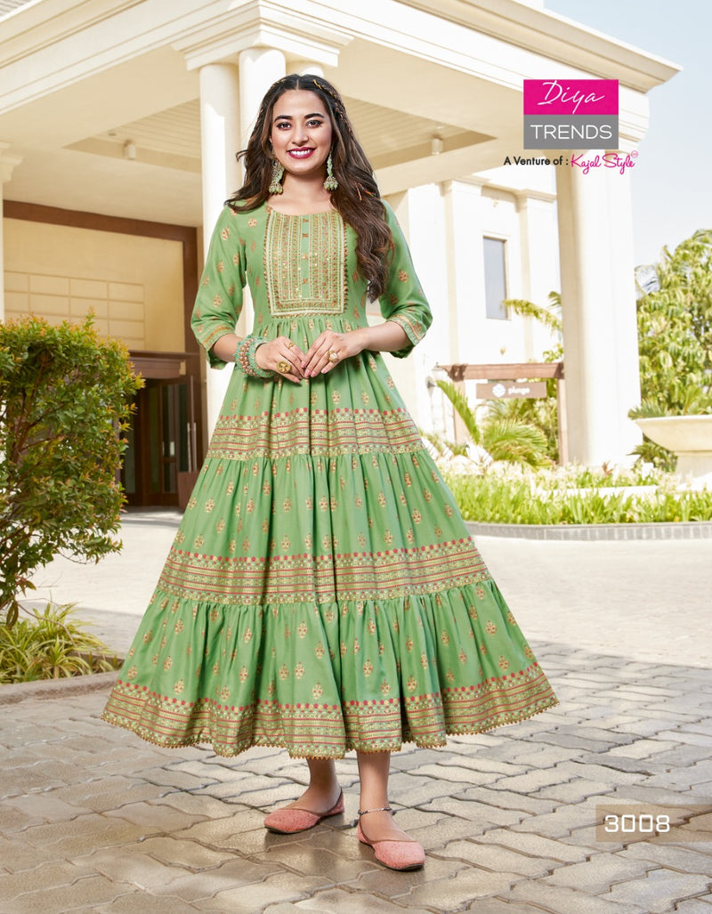 Diya Trends Groom Vol 3 Rayon With Gold Prints Designer Long Gown Style Party Wear Kurtis