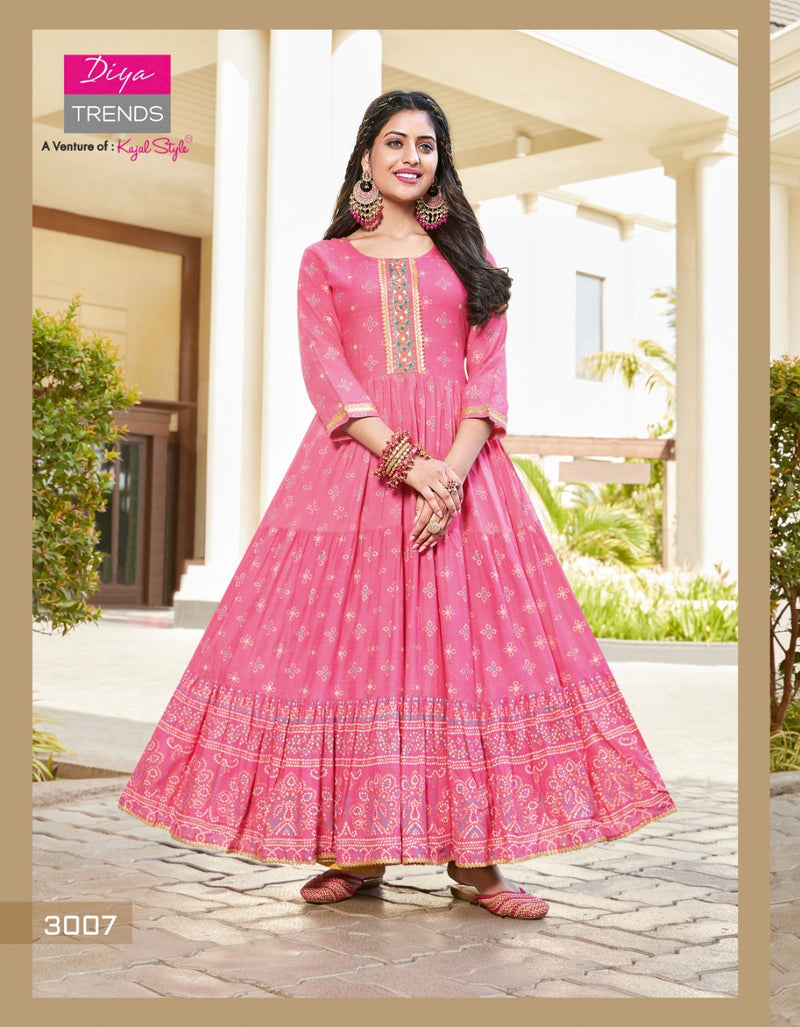 Diya Trends Groom Vol 3 Rayon With Gold Prints Designer Long Gown Style Party Wear Kurtis