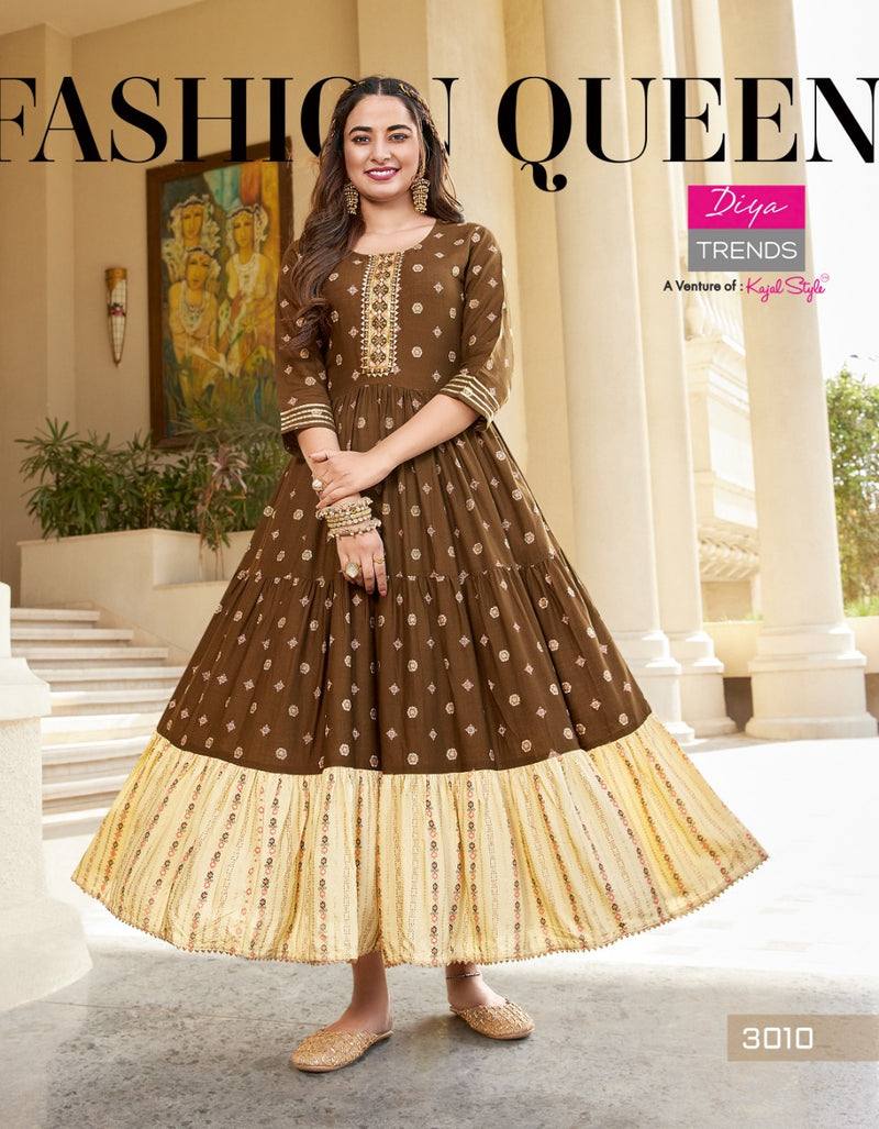 Diya Trends Groom Vol 3 Rayon With Gold Prints Designer Long Gown Style Party Wear Kurtis