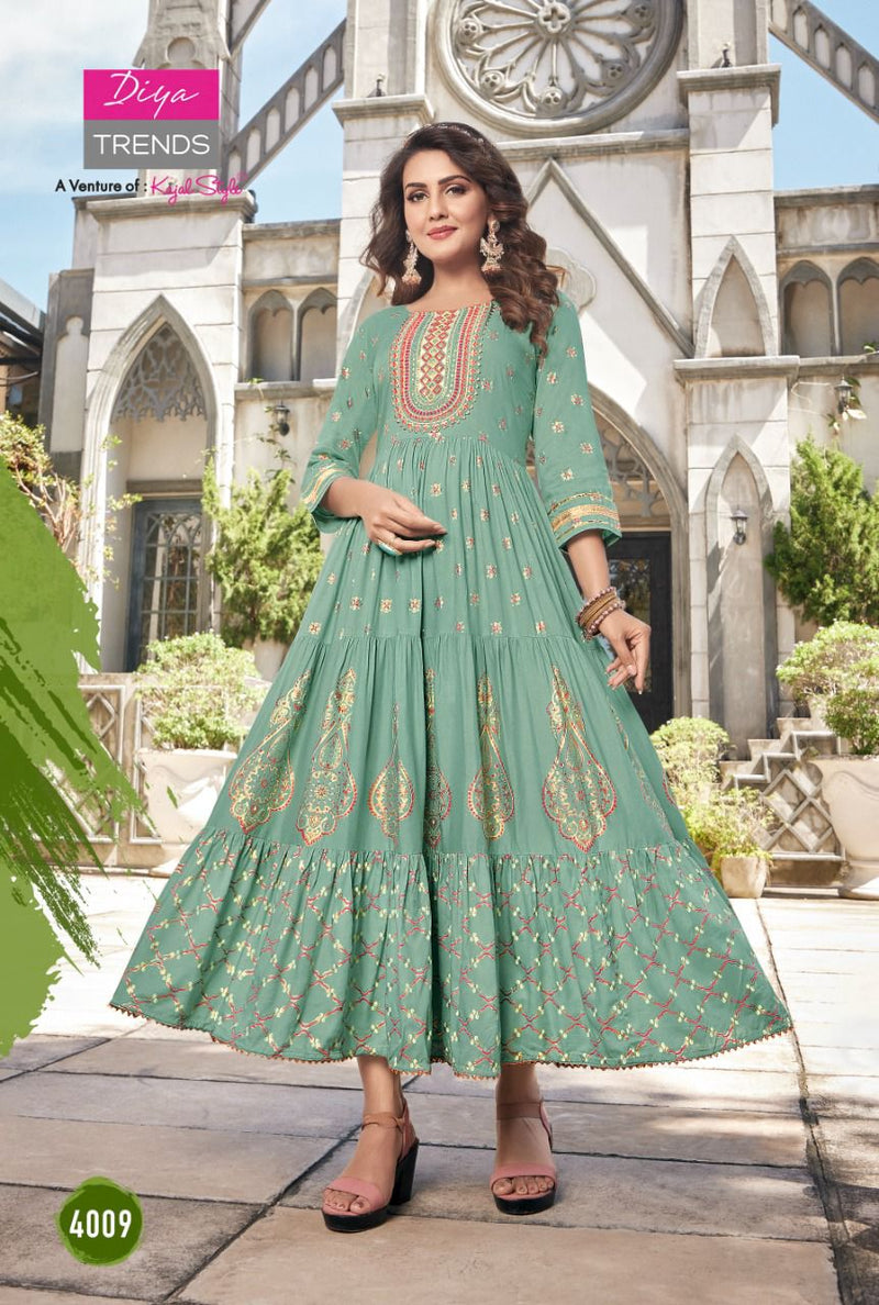 Diya Trends Groom Vol 4 Rayon With Heavy Embroidery Work Stylish Designer Casual Look Kurti