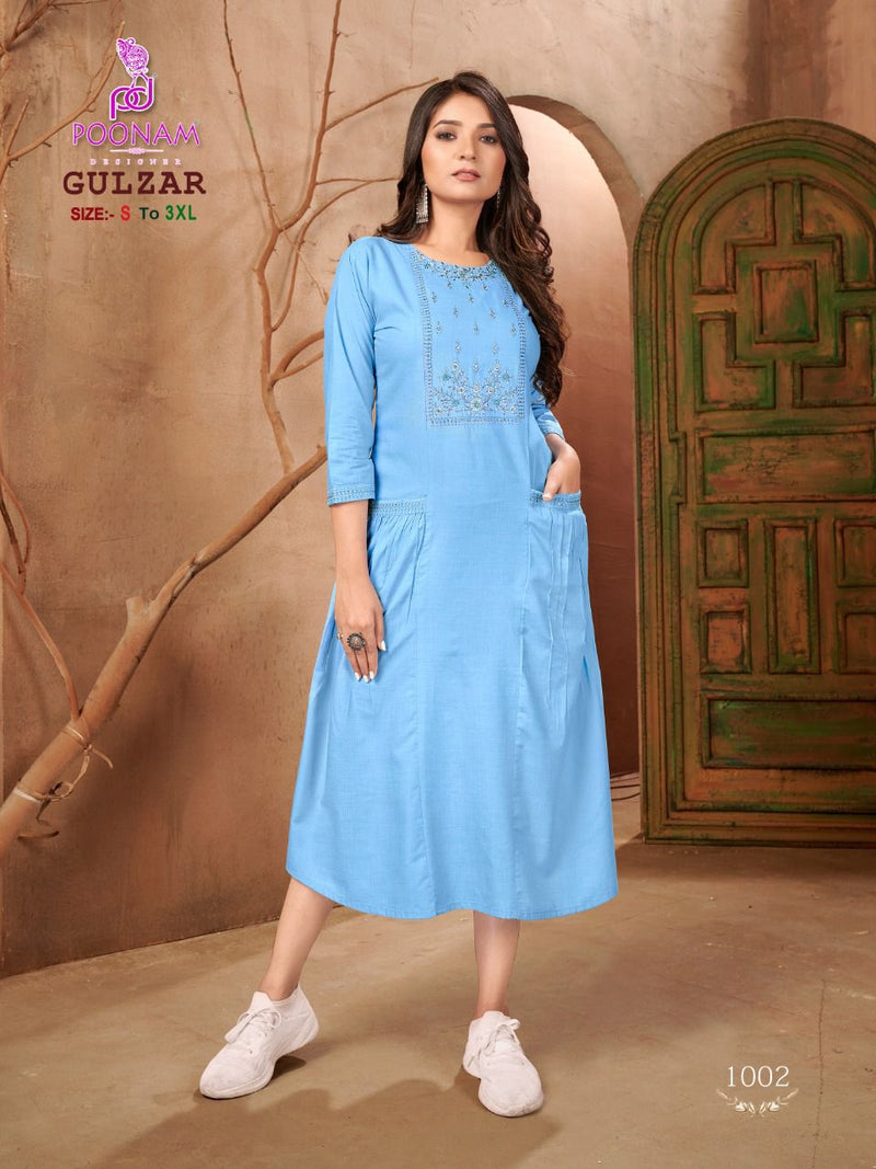 Poonam Designer Gulzar Pure Malai Cotton Fancy Gown Style Party Wear Kurtis