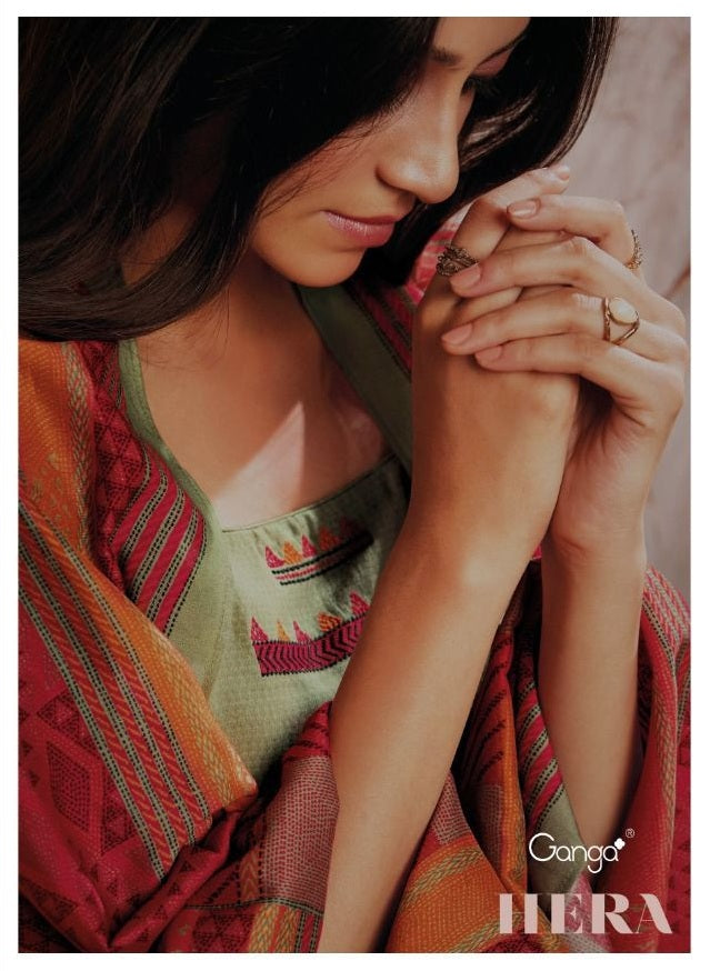 Ganga Hera Cotton Satin Printed With Embroidery Suit