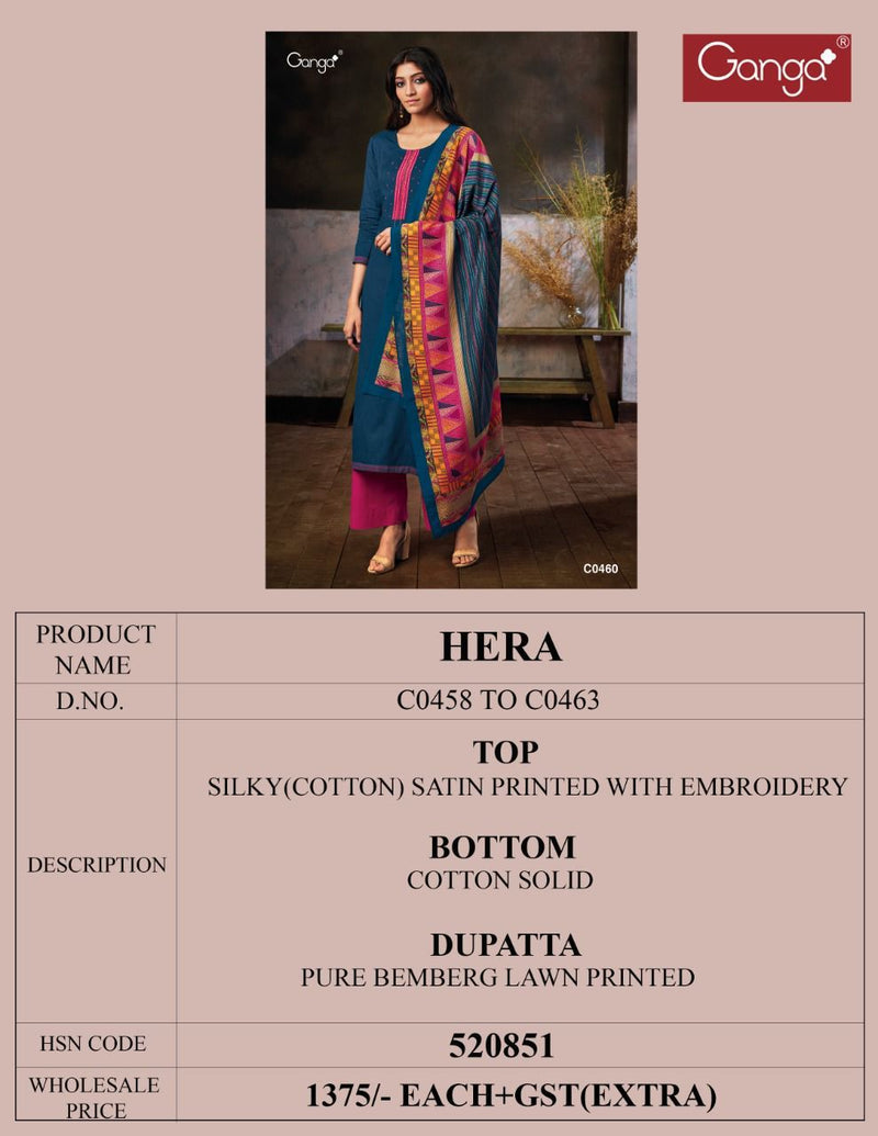 Ganga Hera Cotton Satin Printed With Embroidery Suit