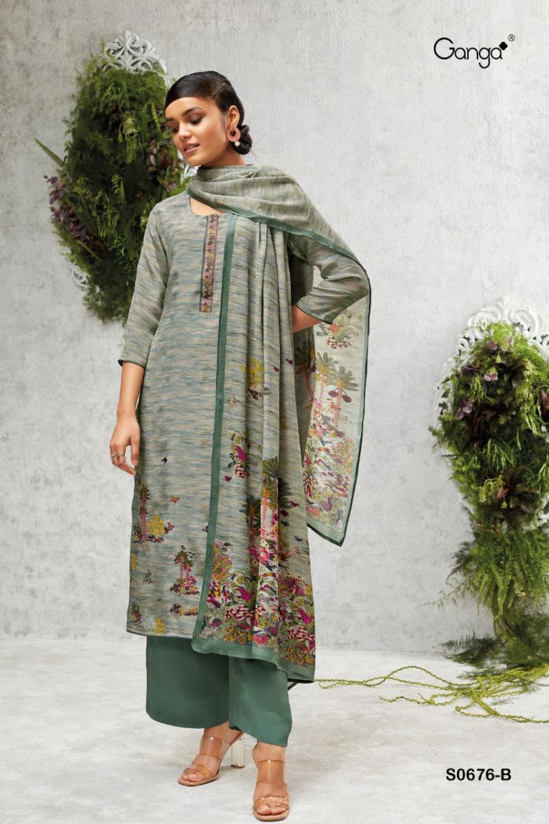 Ganga Suit Anahi 676 Premium Bemberg Crepe Printed Embroidered Work Suit