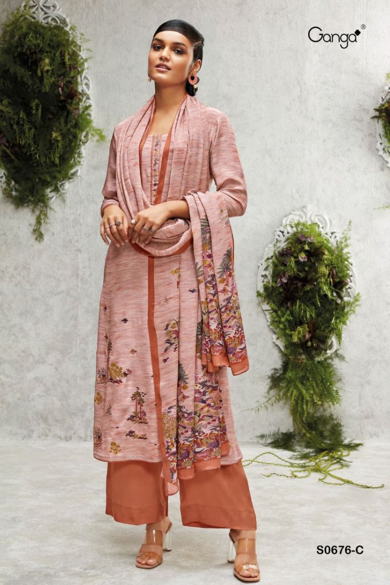Ganga Suit Anahi 676 Premium Bemberg Crepe Printed Embroidered Work Suit