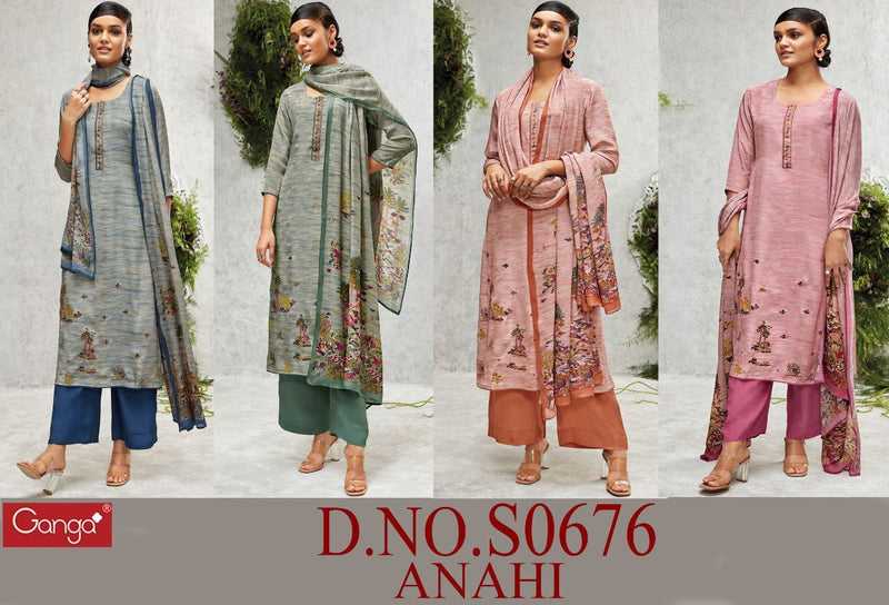Ganga Suit Anahi 676 Premium Bemberg Crepe Printed Embroidered Work Suit
