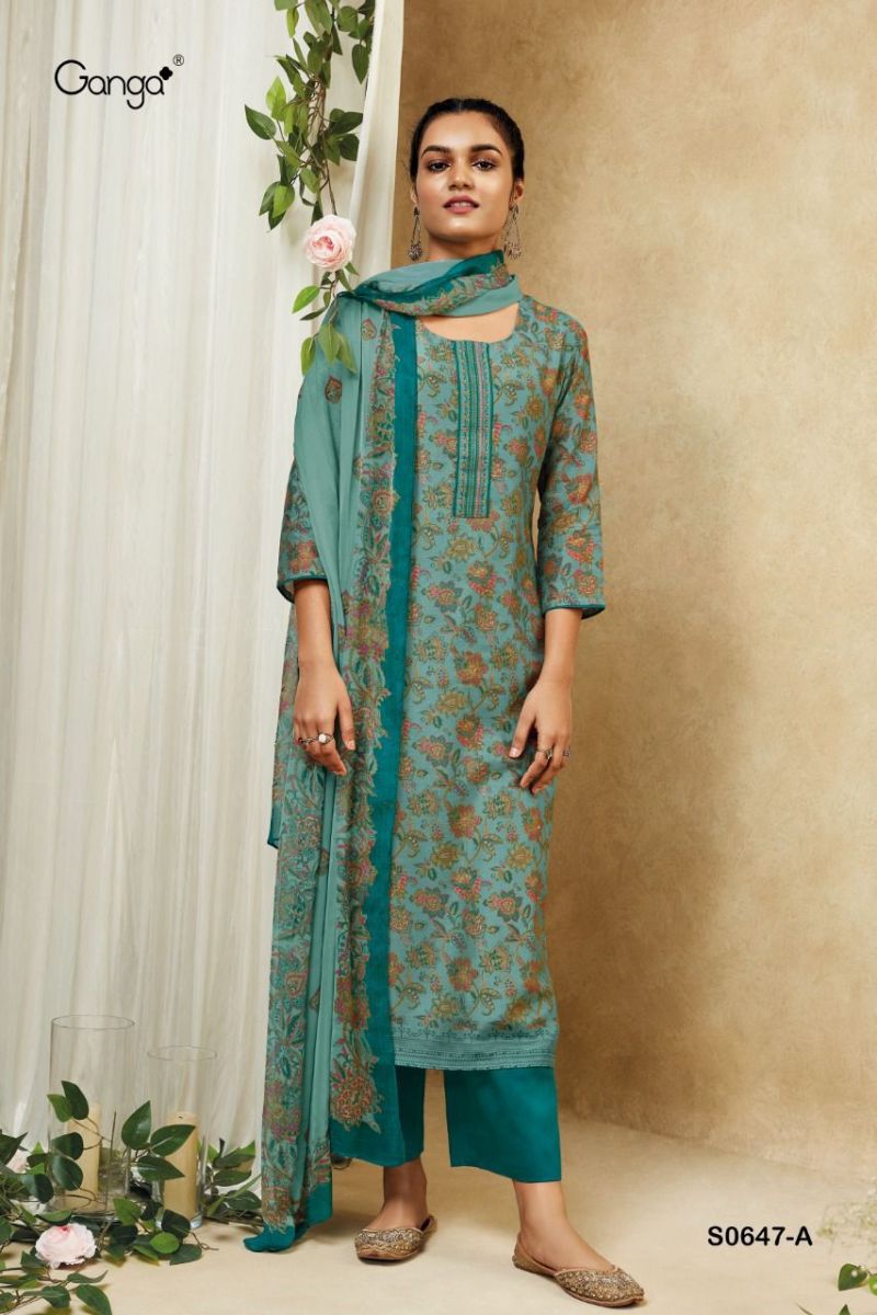Ganga Suit Anika Dno 647 Pure Bemberg Silk Print Embroidered Work Salwar Suit