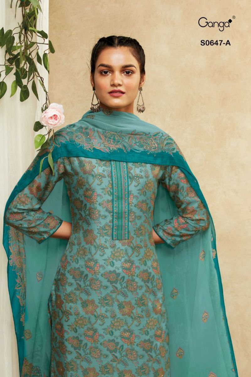 Ganga Suit Anika Dno 647 Pure Bemberg Silk Print Embroidered Work Salwar Suit