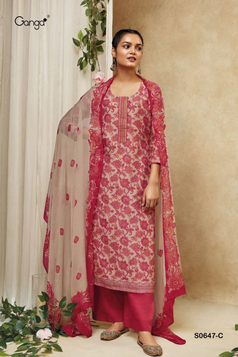 Ganga Suit Anika Dno 647 Pure Bemberg Silk Print Embroidered Work Salwar Suit