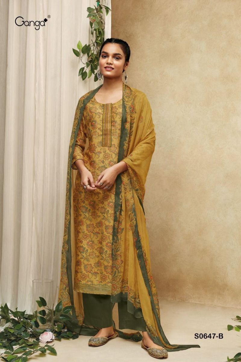 Ganga Suit Anika Dno 647 Pure Bemberg Silk Print Embroidered Work Salwar Suit