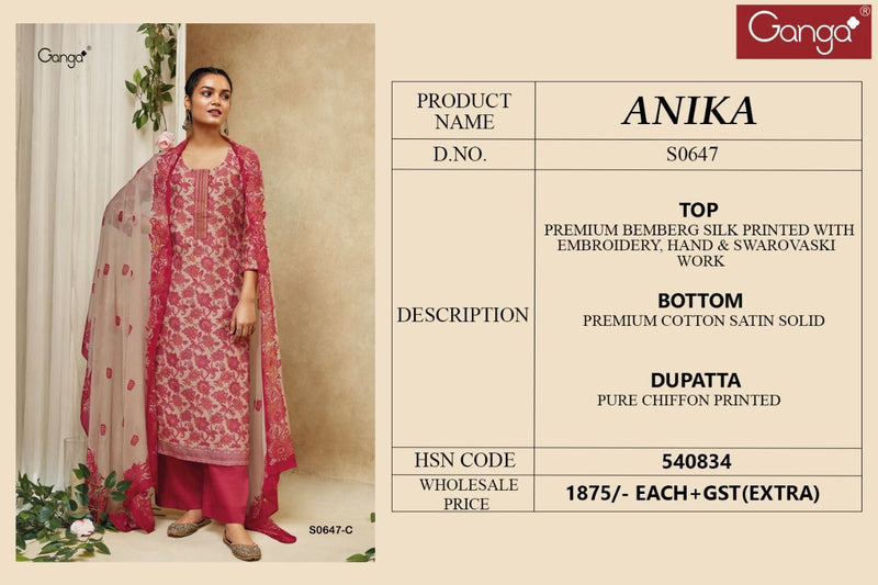 Ganga Suit Anika Dno 647 Pure Bemberg Silk Print Embroidered Work Salwar Suit