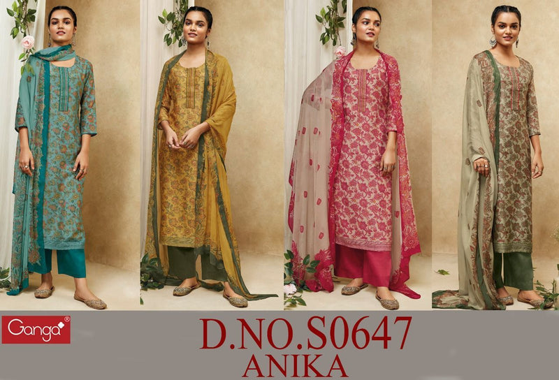 Ganga Suit Anika Dno 647 Pure Bemberg Silk Print Embroidered Work Salwar Suit