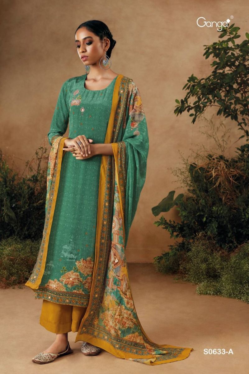 Ganga Suit Zuri Dno 633 Premium Bemberg Crepe Printed With Handwork Salwar Suit
