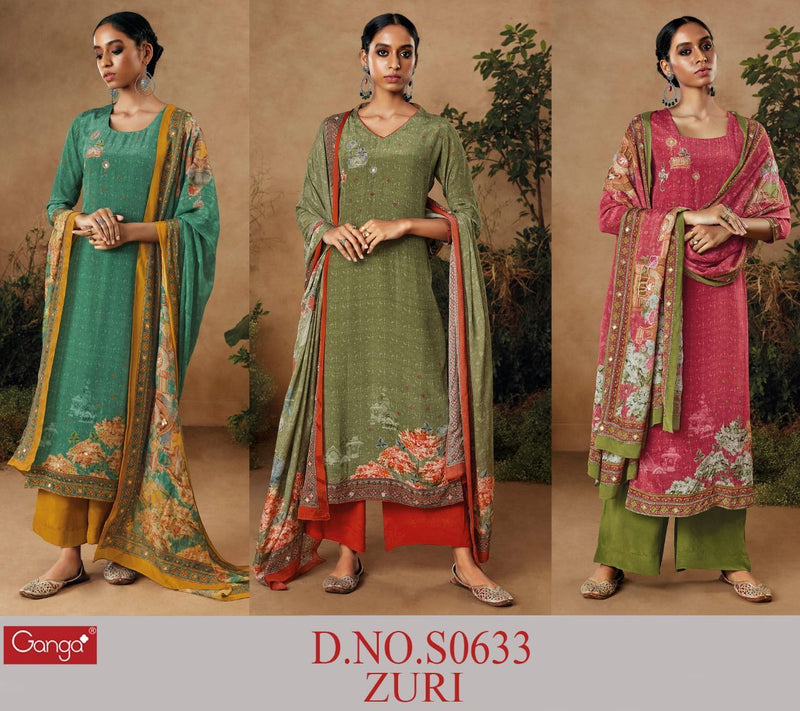 Ganga Suit Zuri Dno 633 Premium Bemberg Crepe Printed With Handwork Salwar Suit
