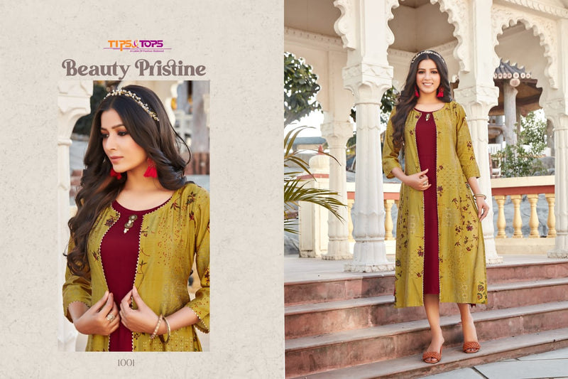 Tips & Tops Hello Jacks Viscose Chanderi Party Wear Foil Printed Kurtis With Fancy Jackets
