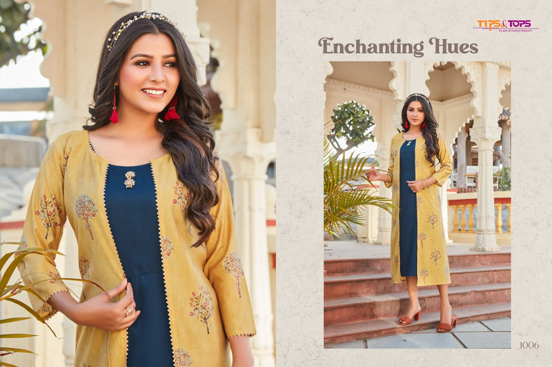 Tips & Tops Hello Jacks Viscose Chanderi Party Wear Foil Printed Kurtis With Fancy Jackets