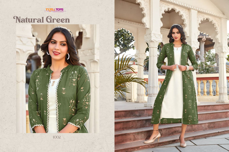 Tips & Tops Hello Jacks Viscose Chanderi Party Wear Foil Printed Kurtis With Fancy Jackets