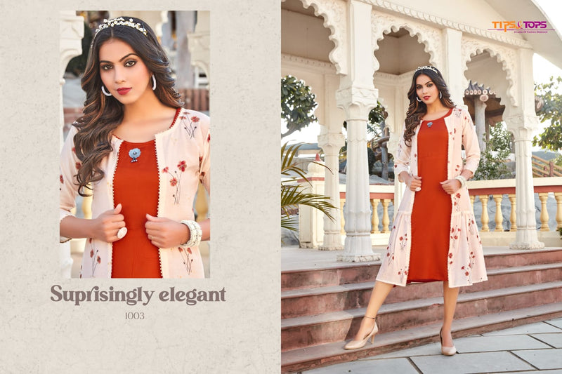 Tips & Tops Hello Jacks Viscose Chanderi Party Wear Foil Printed Kurtis With Fancy Jackets