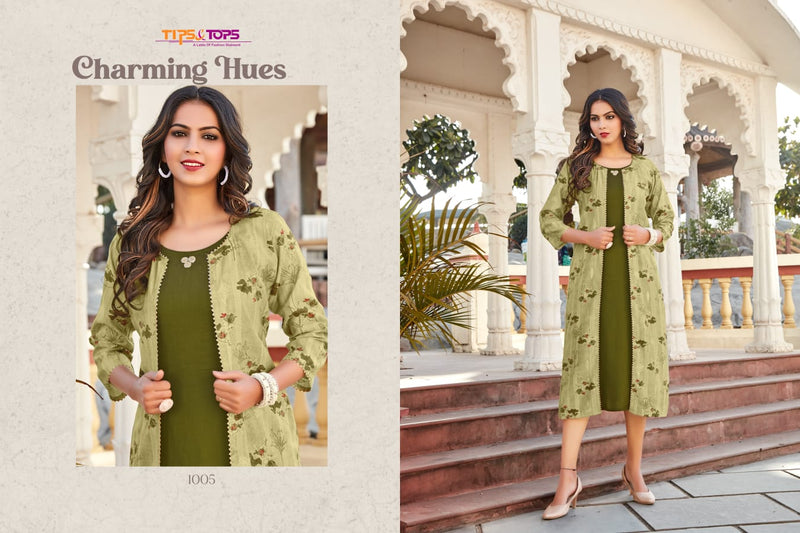 Tips & Tops Hello Jacks Viscose Chanderi Party Wear Foil Printed Kurtis With Fancy Jackets