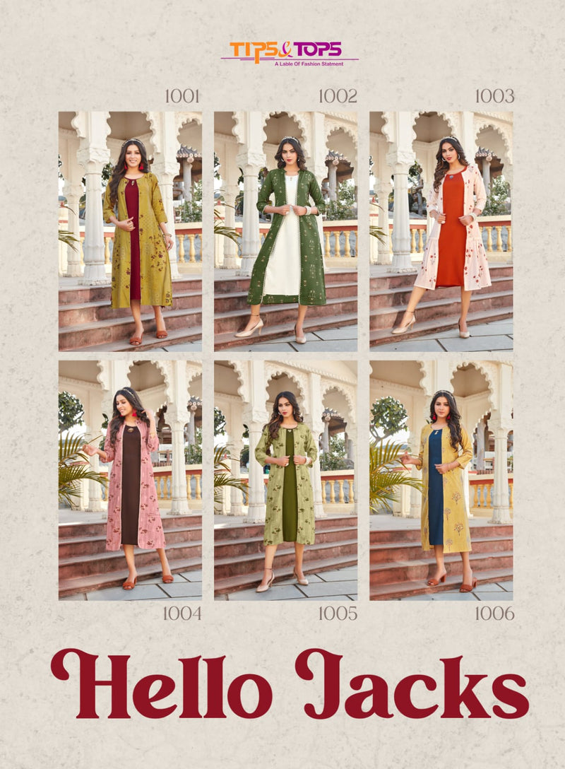 Tips & Tops Hello Jacks Viscose Chanderi Party Wear Foil Printed Kurtis With Fancy Jackets