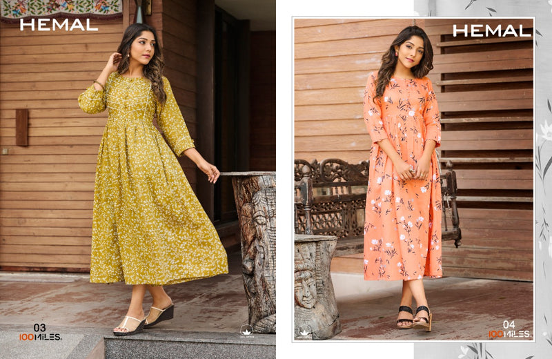 100 Miles Hemal Cotton Printed Stylish Fancy Long Gown Type Kurtis