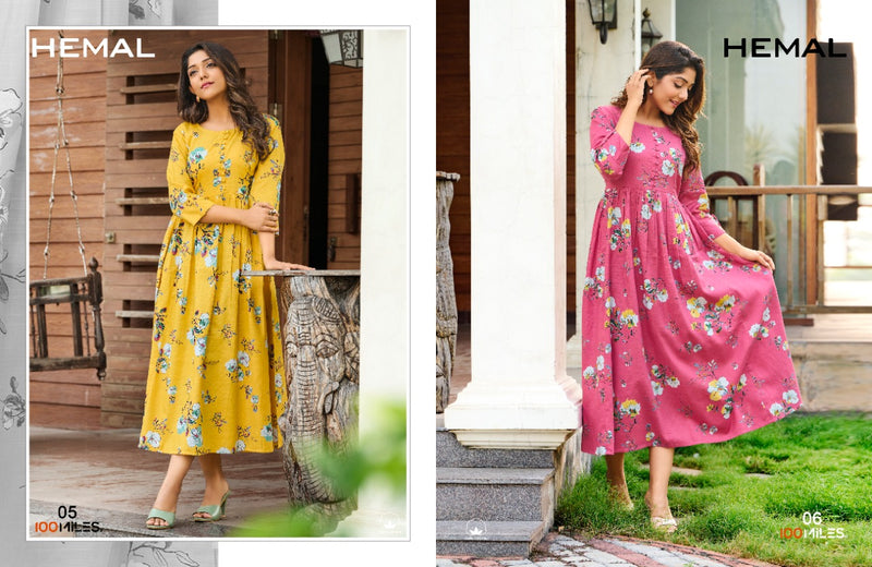 100 Miles Hemal Cotton Printed Stylish Fancy Long Gown Type Kurtis