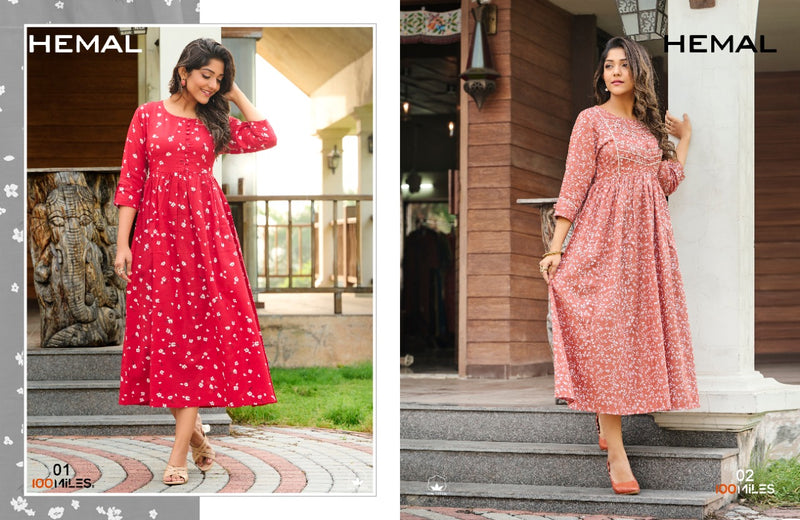 100 Miles Hemal Cotton Printed Stylish Fancy Long Gown Type Kurtis